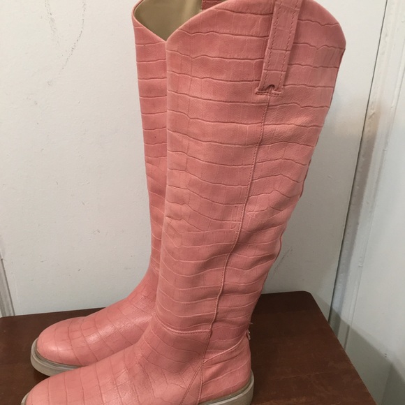 Sam Edelman Fable Cedarwood Croc Leather block Heel Rounded Toe Knee High Boots - Picture 3 of 11